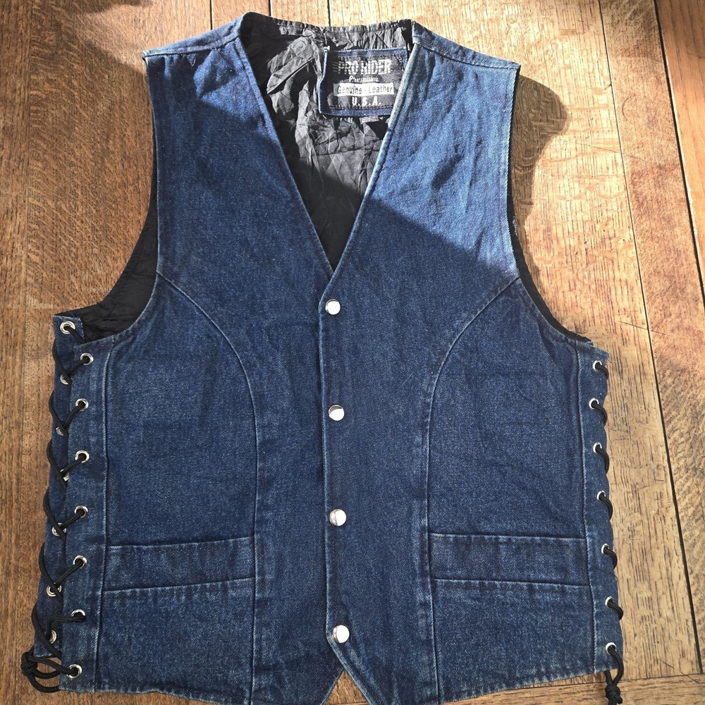 Vintage Y2k Denim Biker Vest Mens Size 40 Leather Pro Rider Punk Glam Lace Sides